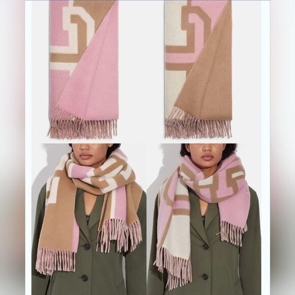 EVERSIBLE WOOL SCARF VARSITY PRINT PINK COLORBLOCK OVERSIZED MUFFLER - Picture 1 of 7